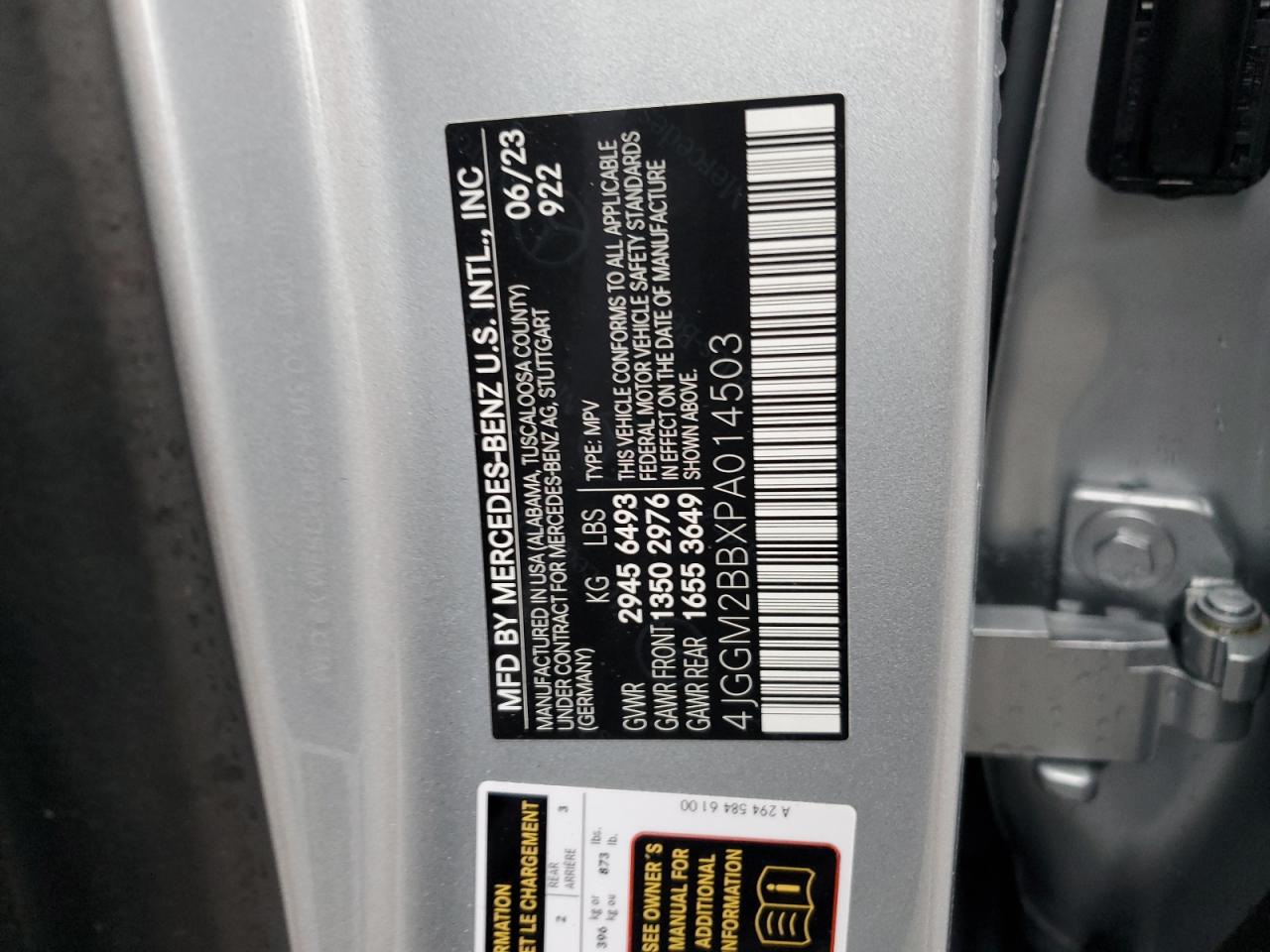 2023 MERCEDES-BENZ EQE SUV 350+ VIN:4JGGM2BBXPA014503