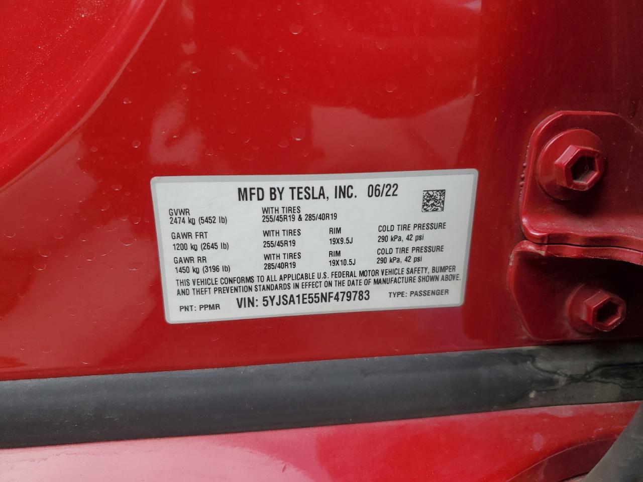 2022 TESLA MODEL S  VIN:5YJSA1E55NF479783
