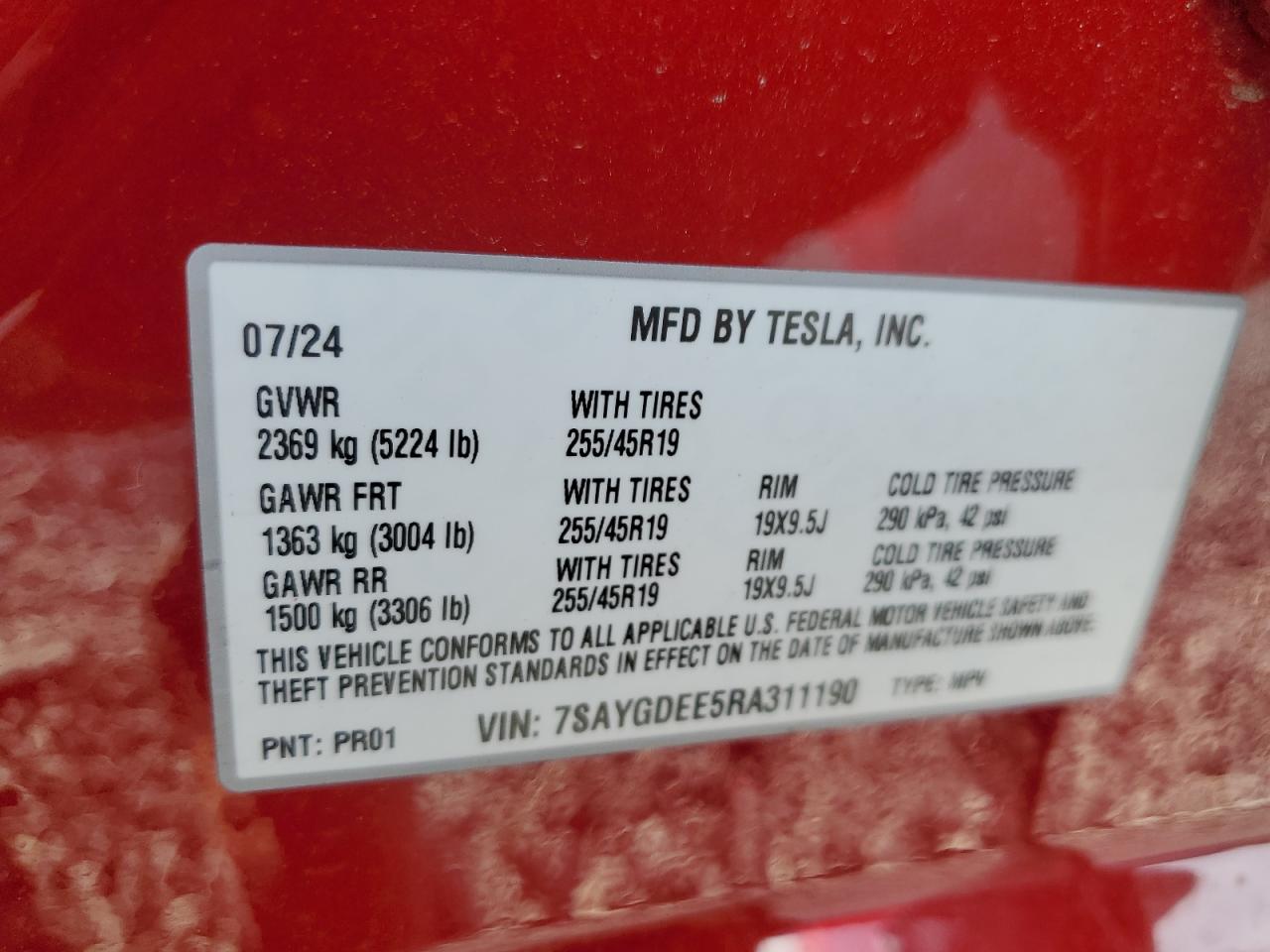 2024 TESLA MODEL Y  VIN:7SAYGDEE5RA311190