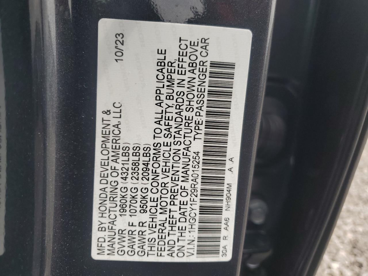 2024 HONDA ACCORD LX VIN:1HGCY1F29RA015254