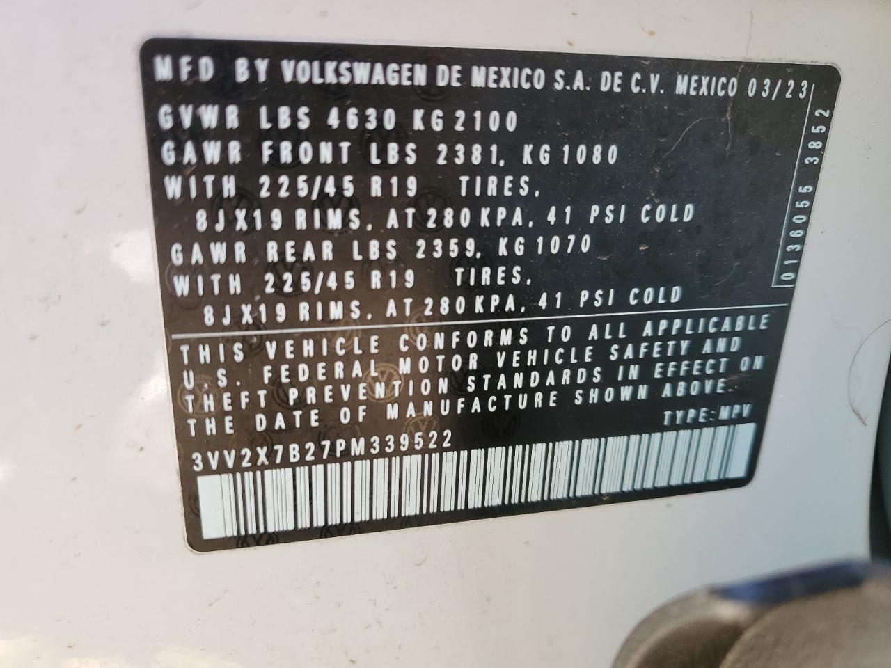 2023 VOLKSWAGEN TAOS SEL VIN:3VV2X7B27PM339522