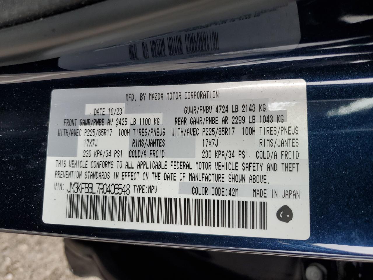 2024 MAZDA CX-5 SELECT VIN:JM3KFBBL7R0406548