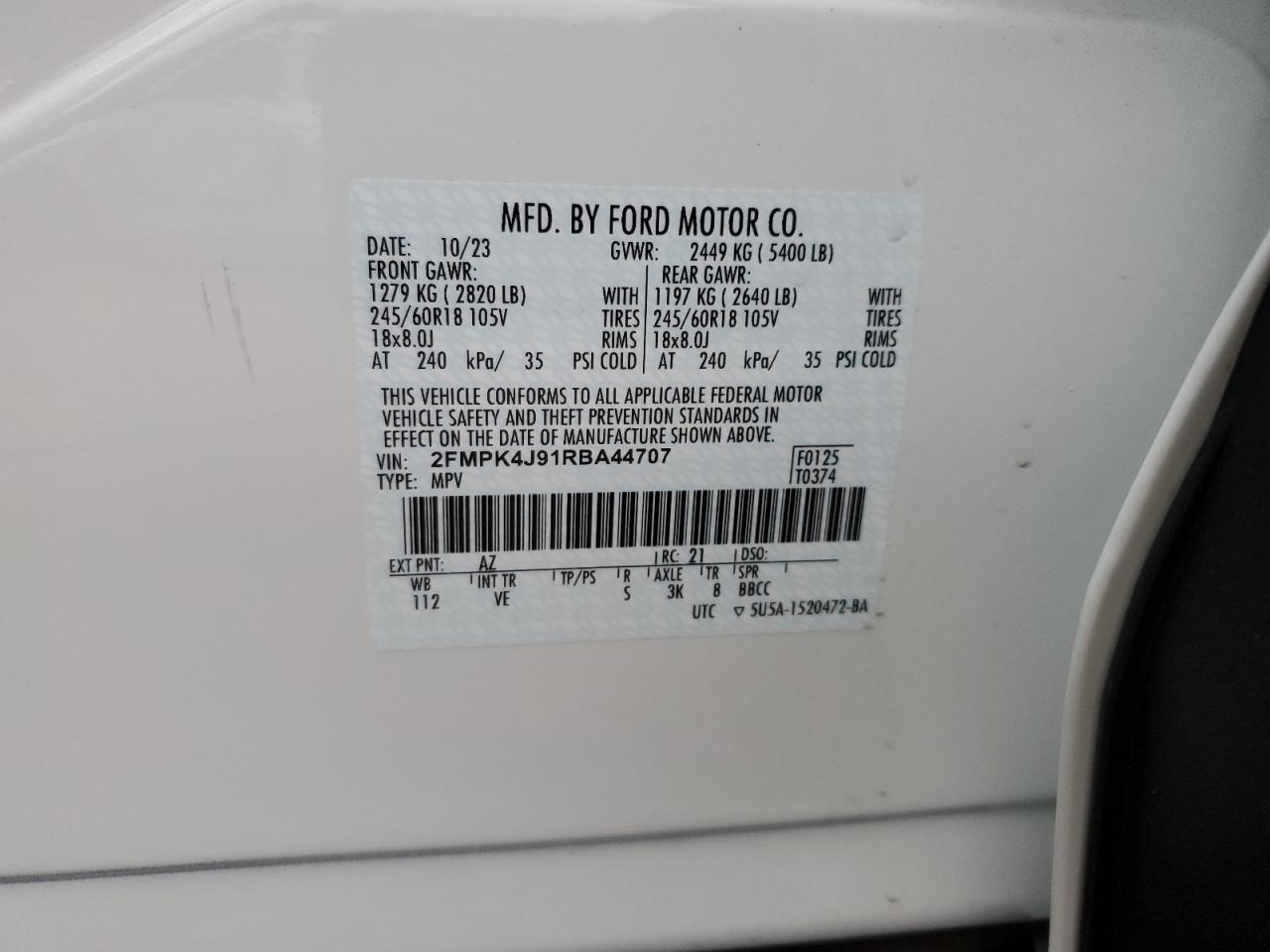 2024 FORD EDGE SEL VIN:2FMPK4J91RBA44707