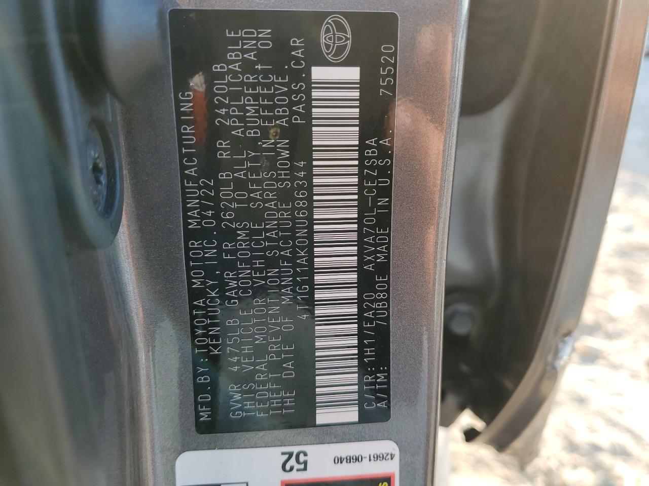 2022 TOYOTA CAMRY SE VIN:4T1G11AK0NU686344