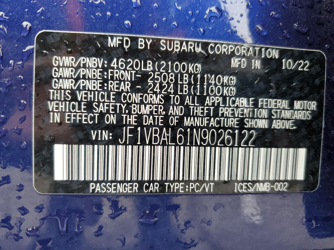 2022 SUBARU WRX LIMITED VIN:JF1VBAL61N9026122