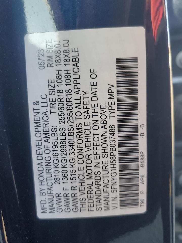 2023 HONDA PILOT EXL VIN:5FNYG1H58PB037488