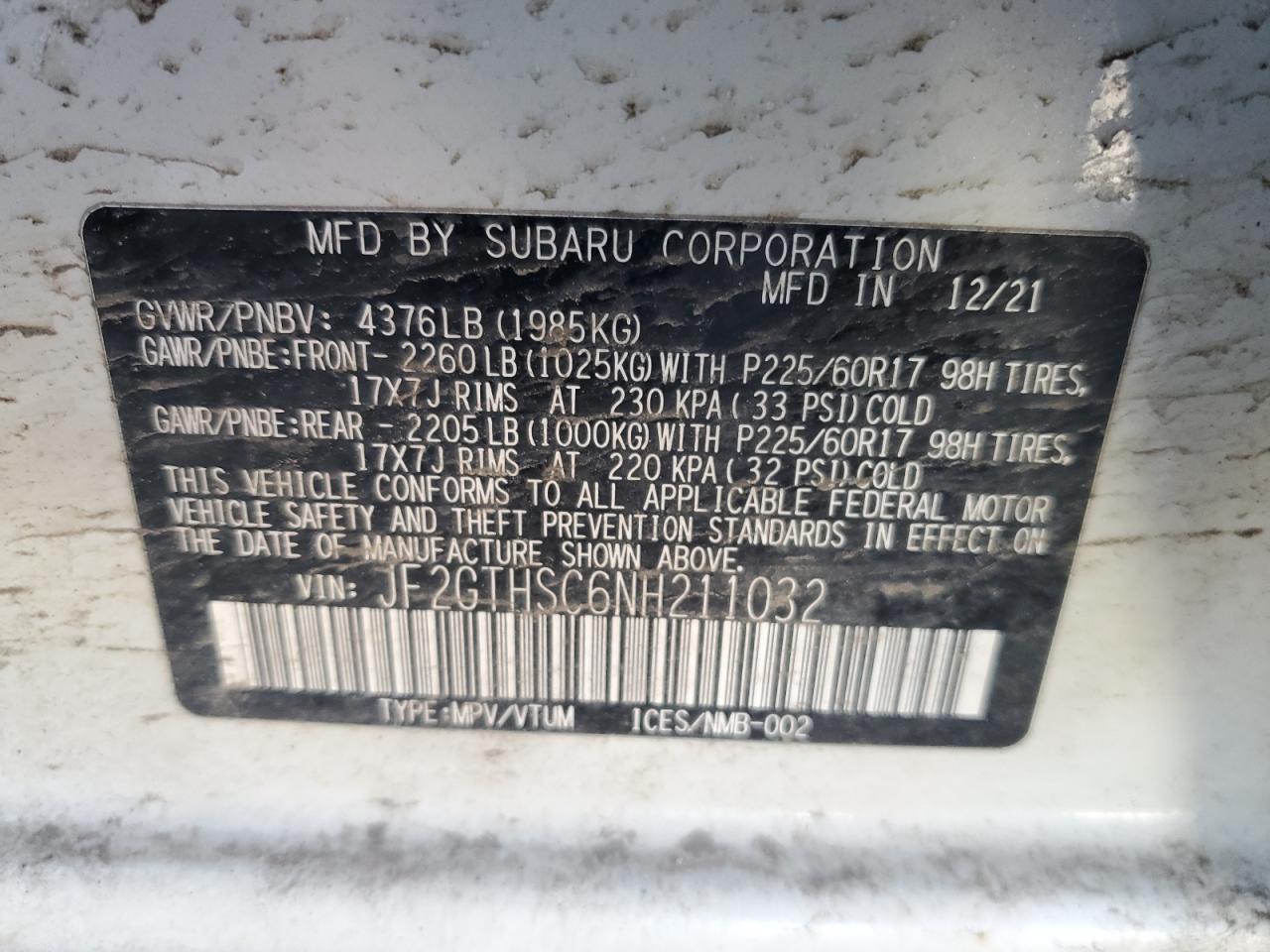 2022 SUBARU CROSSTREK SPORT VIN:JF2GTHSC6NH211032