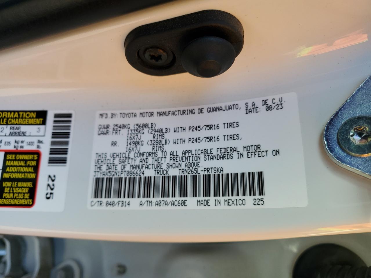 2023 TOYOTA TACOMA DOUBLE CAB VIN:3TYAX5GN1PT086624