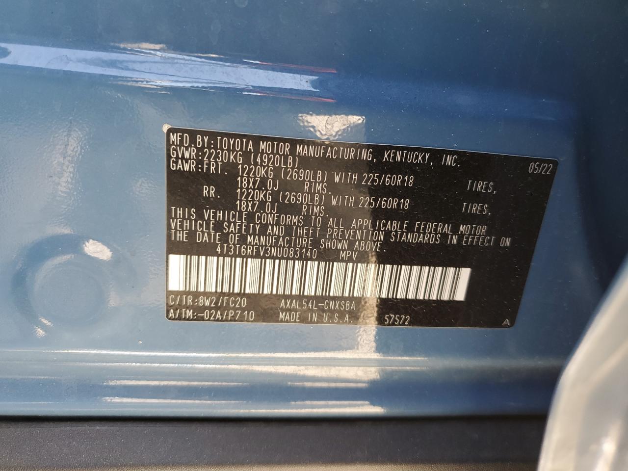 2022 TOYOTA RAV4 SE VIN:4T3T6RFV3NU083140