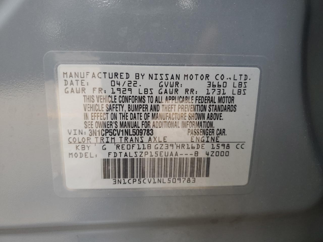 2022 NISSAN KICKS SV VIN:3N1CP5CV1NL509783