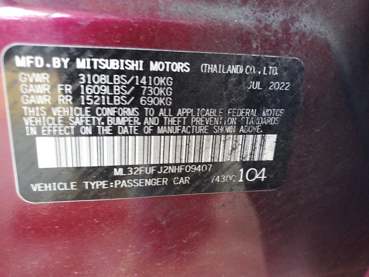 2022 MITSUBISHI MIRAGE G4 ES VIN:ML32FUFJ2NHF09407