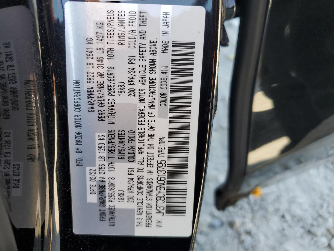 2022 MAZDA CX-9 TOURING VIN:JM3TCBCY5N0613795