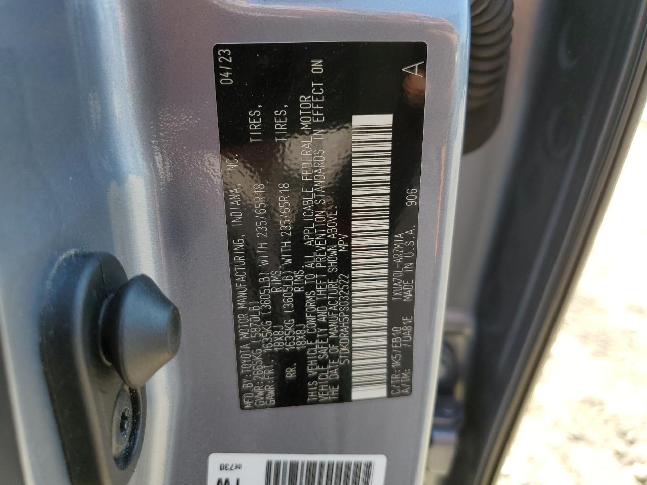 2023 TOYOTA HIGHLANDER L VIN:5TDKDRAH5PS032522