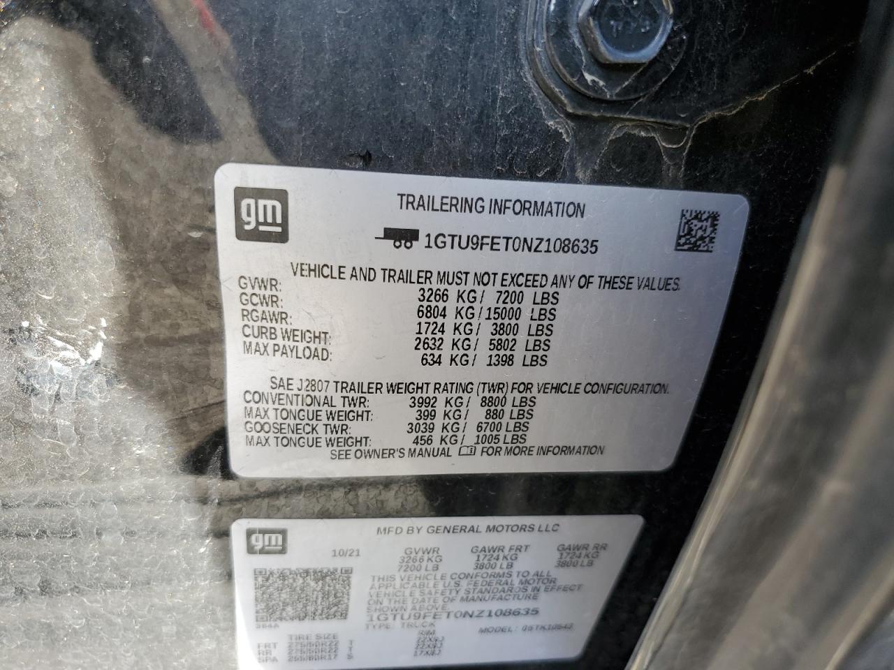 2022 GMC SIERRA LIMITED K1500 DENALI VIN:1GTU9FET0NZ108635