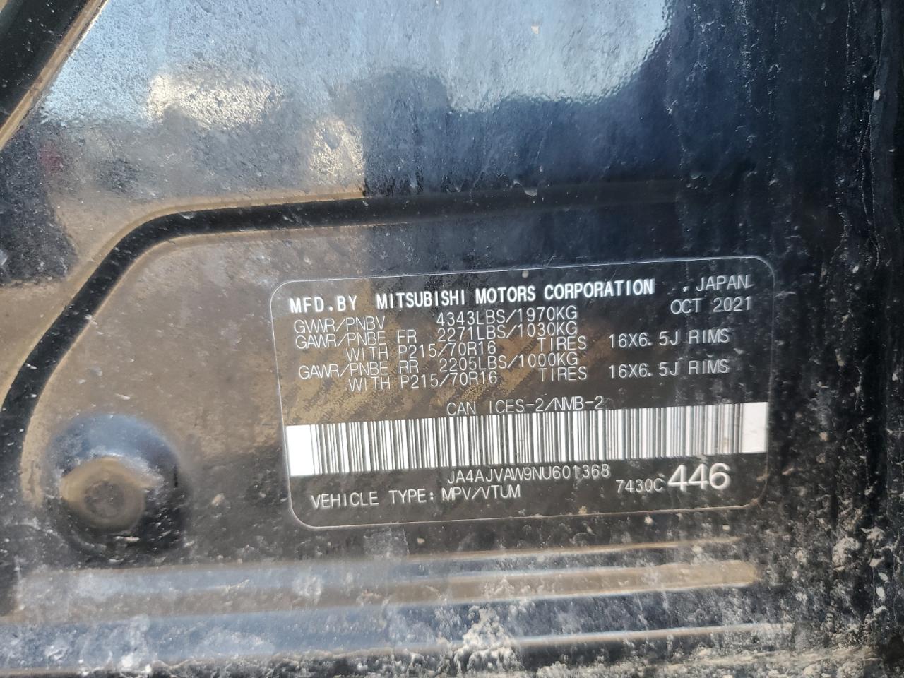 2022 MITSUBISHI RVR SE VIN:JA4AJVAW9NU601368