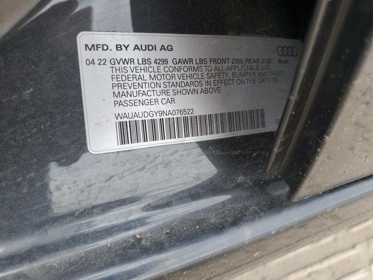 2022 AUDI A3 PREMIUM VIN:WAUAUDGY9NA076522