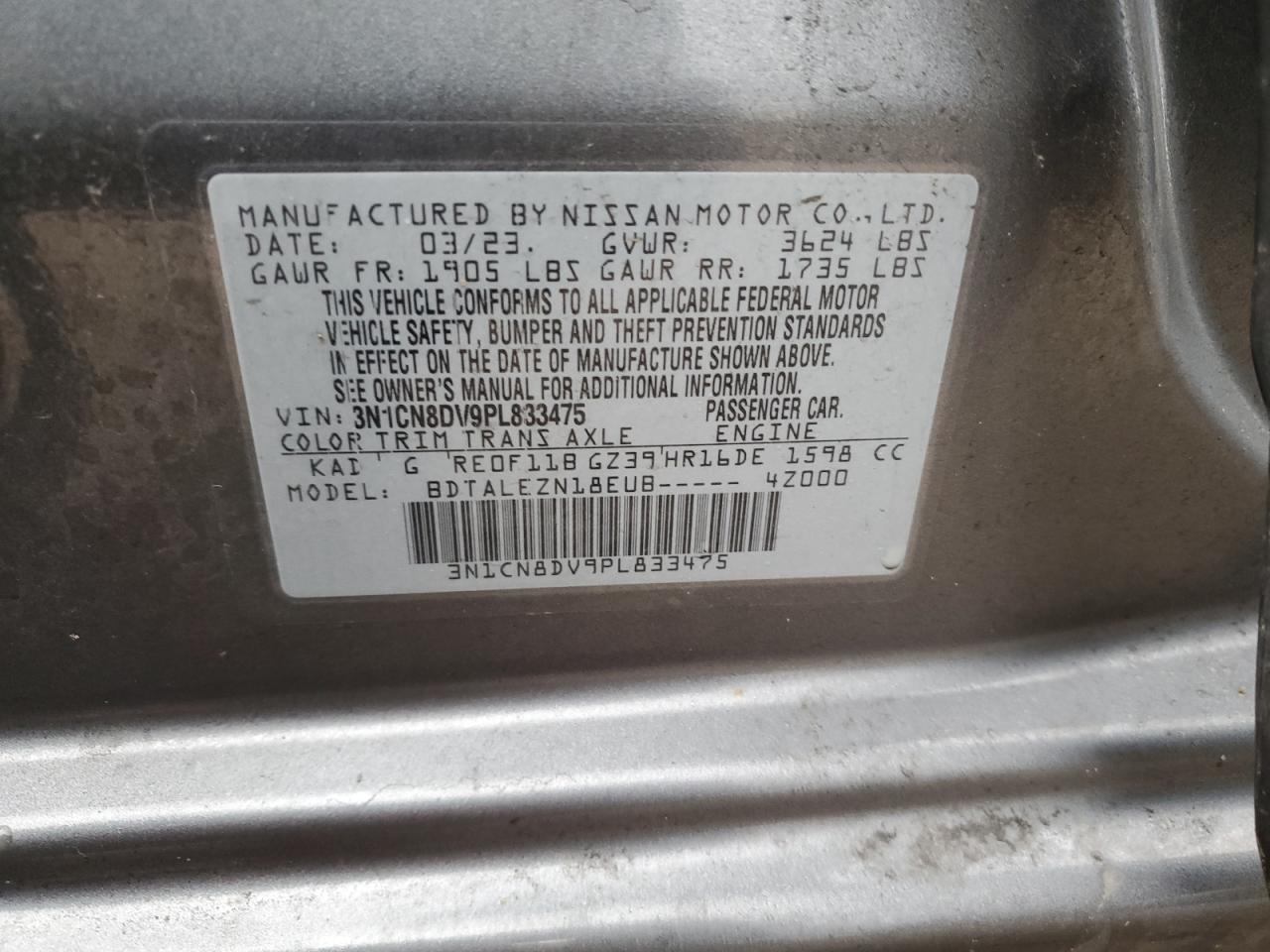 2023 NISSAN VERSA S VIN:3N1CN8DV9PL833475
