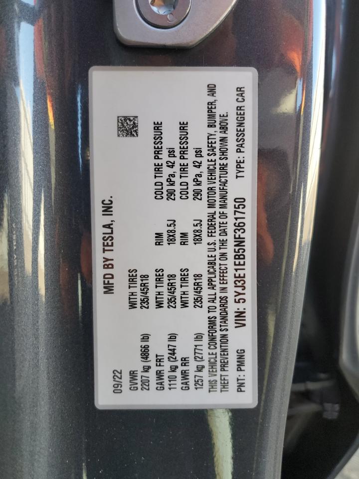 2022 TESLA MODEL 3  VIN:5YJ3E1EB5NF361750