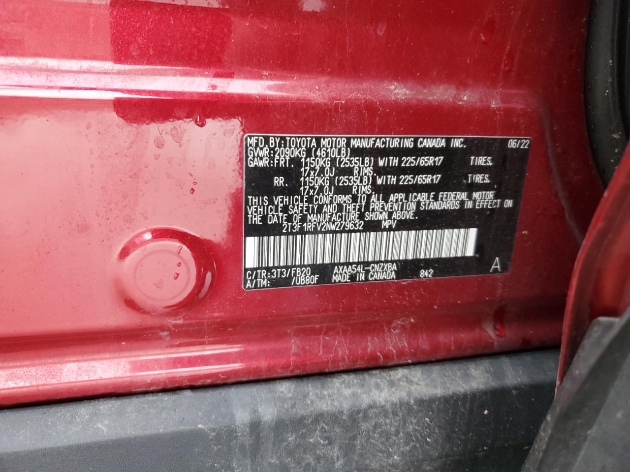 2022 TOYOTA RAV4 LE VIN:2T3F1RFV2NW279632