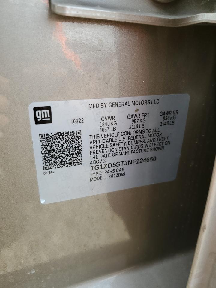 2022 CHEVROLET MALIBU LT VIN:1G1ZD5ST3NF124650