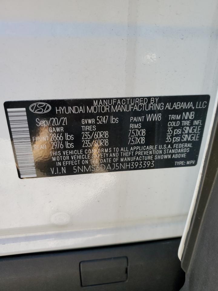 2022 HYUNDAI SANTA FE SEL VIN:5NMS6DAJ5NH393393