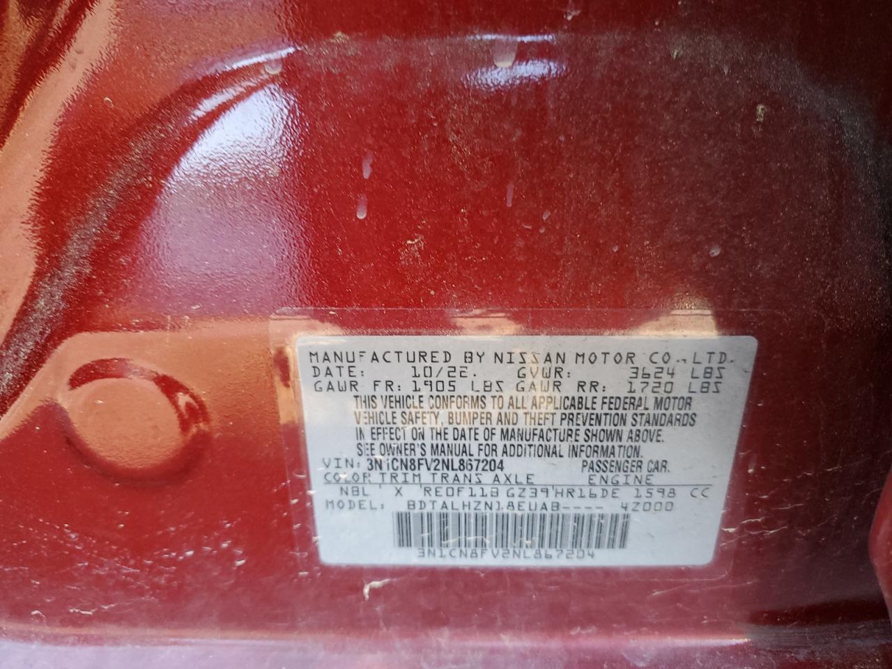 2022 NISSAN VERSA SR VIN:3N1CN8FV2NL867204