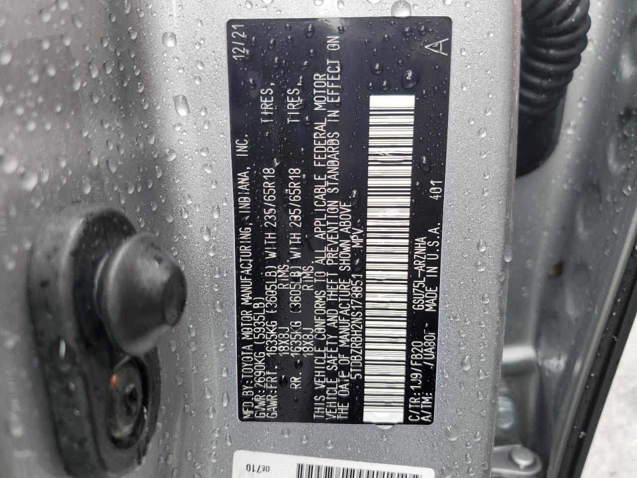 2022 TOYOTA HIGHLANDER L VIN:5TDBZRBH2NS178051