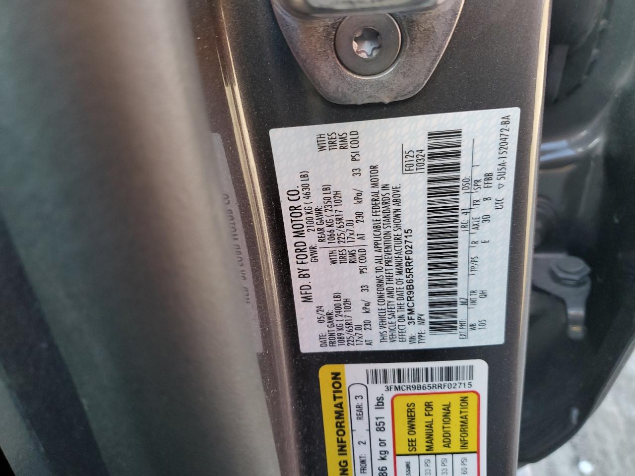 2024 FORD BRONCO SPORT BIG BEND VIN:3FMCR9B65RRF02715