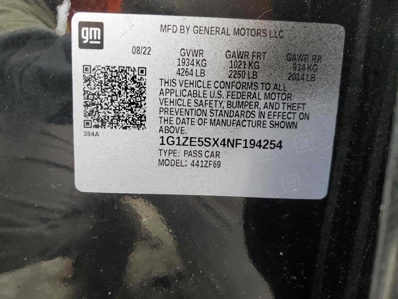 2022 CHEVROLET MALIBU PREMIER VIN:1G1ZE5SX4NF194254