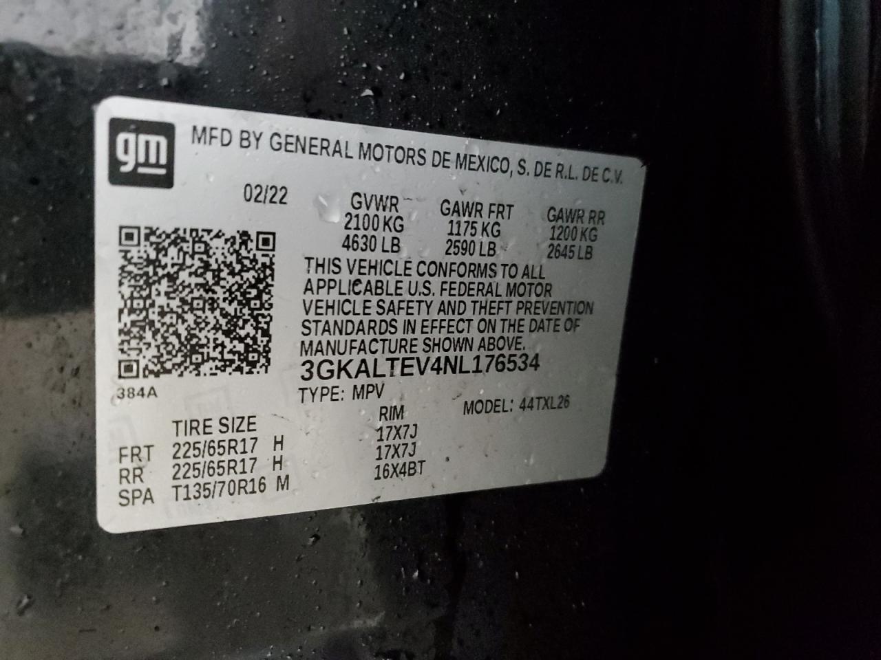 2022 GMC TERRAIN SLE VIN:3GKALTEV4NL176534