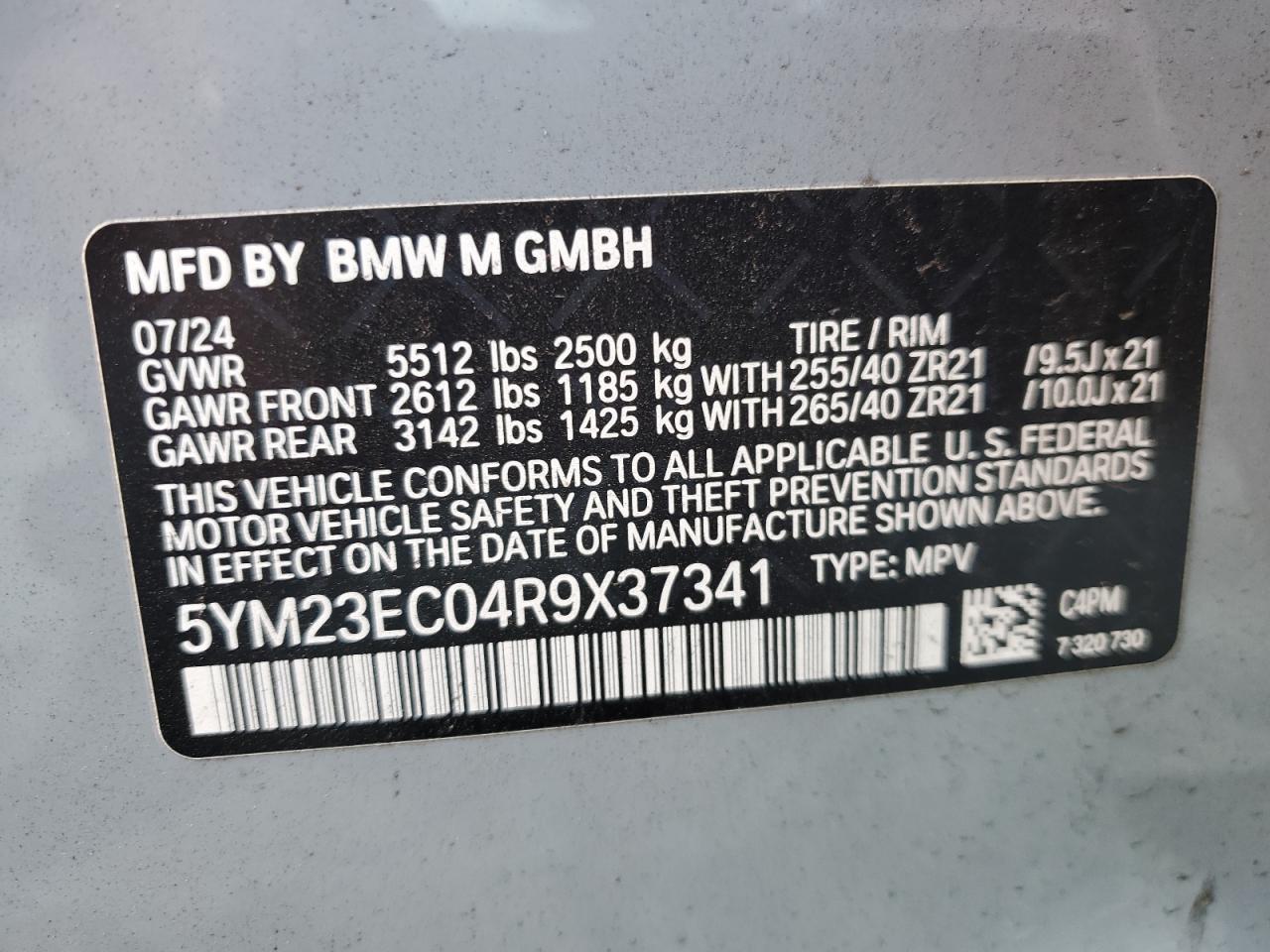 2024 BMW X4 M VIN:5YM23EC04R9X37341