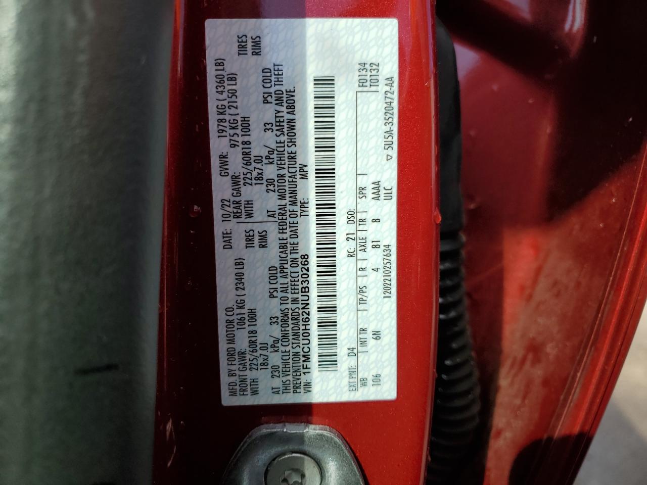 2022 FORD ESCAPE SEL VIN:1FMCU0H62NUB30268