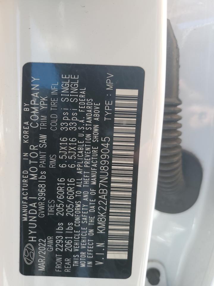 2022 HYUNDAI KONA SEL VIN:KM8K22AB7NU899045