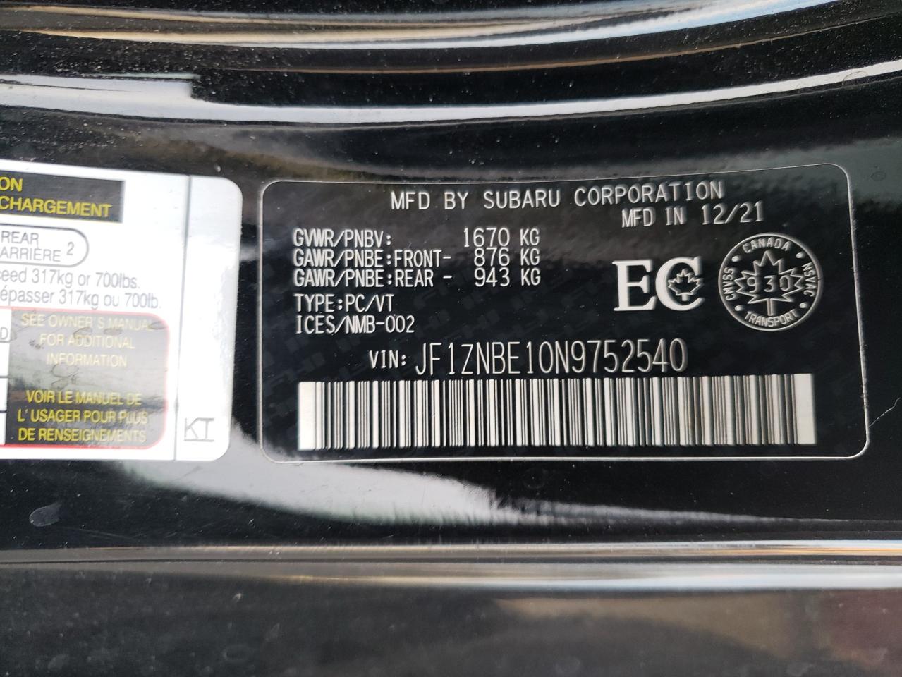 2022 TOYOTA GR 86 PREMIUM VIN:JF1ZNBE10N9752540