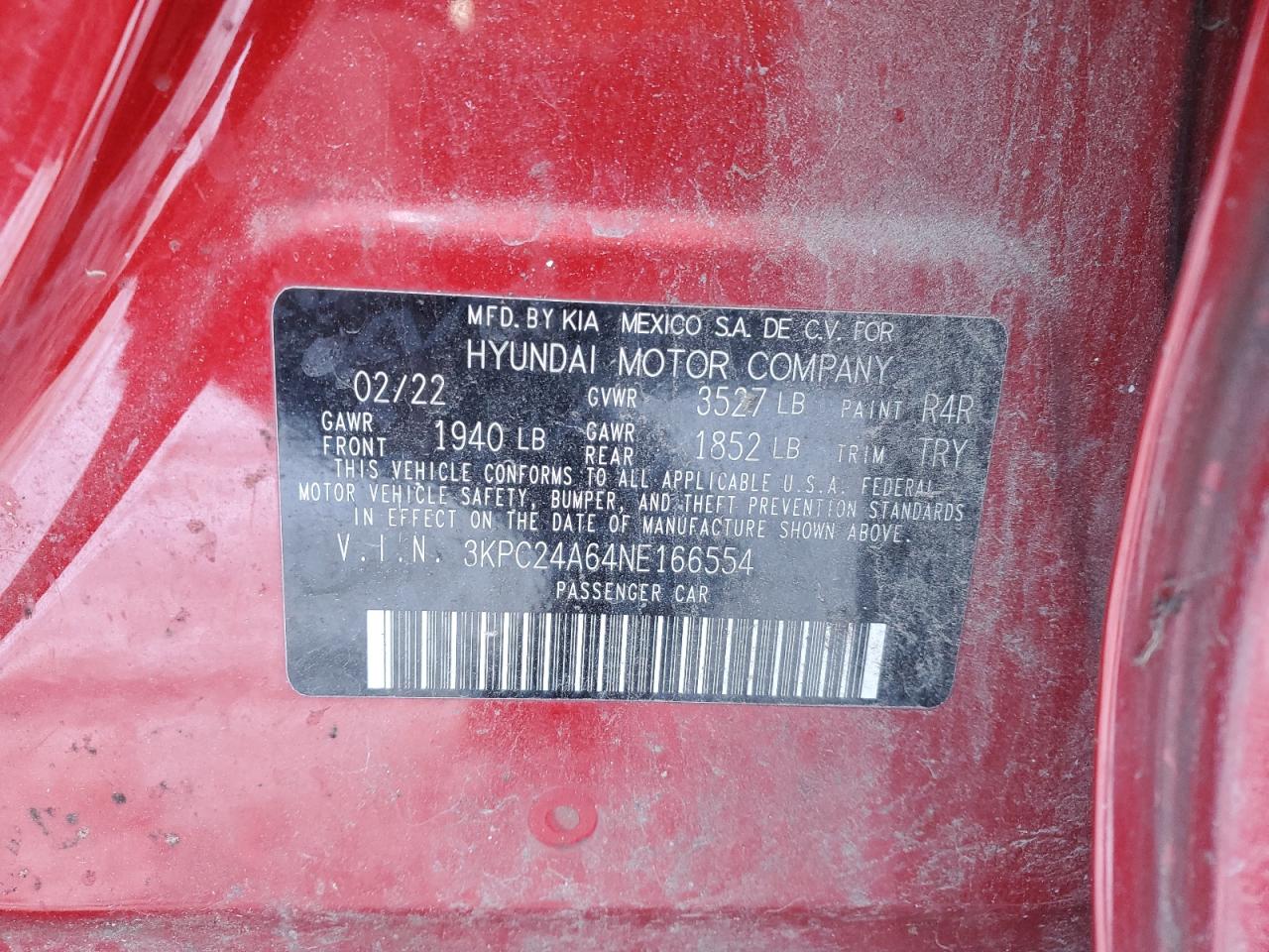 2022 HYUNDAI ACCENT SE VIN:3KPC24A64NE166554