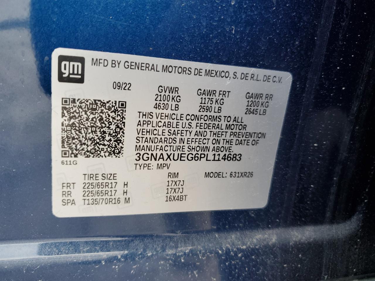 2023 CHEVROLET EQUINOX LT VIN:3GNAXUEG6PL114683