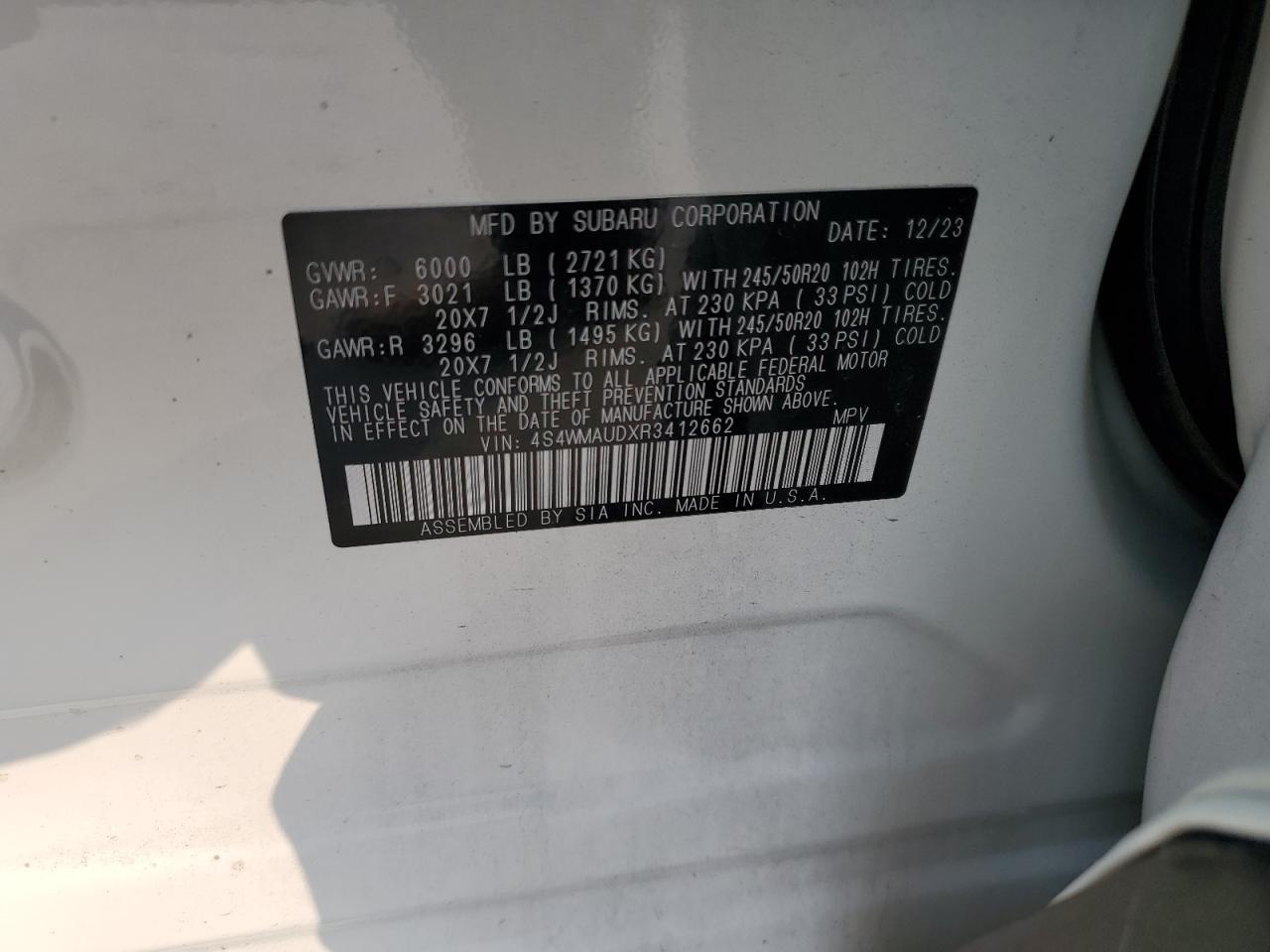 2024 SUBARU ASCENT LIMITED VIN:4S4WMAUDXR3412662