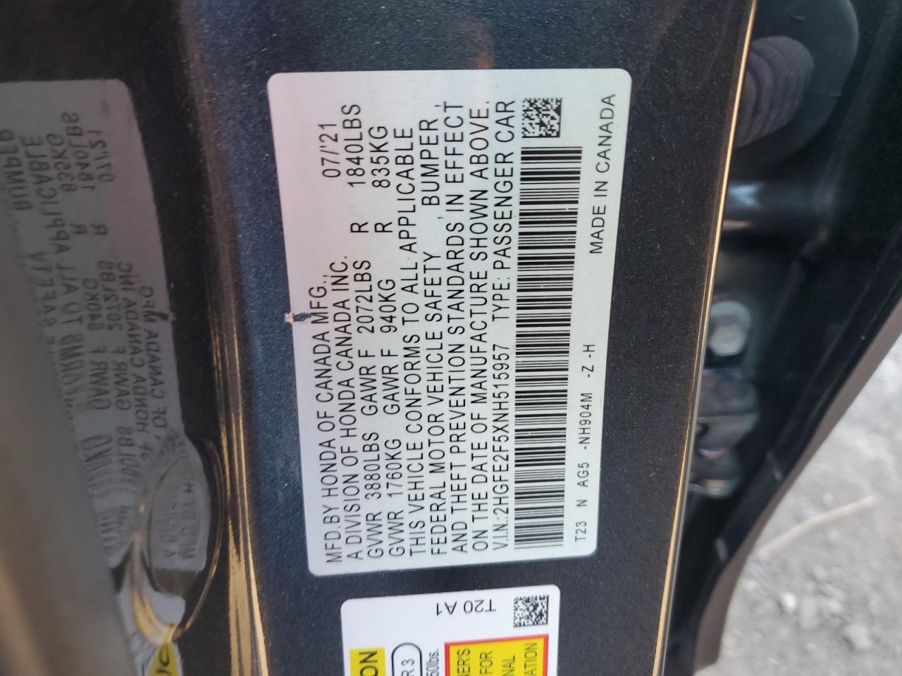 2022 HONDA CIVIC SPORT VIN:2HGFE2F5XNH515957