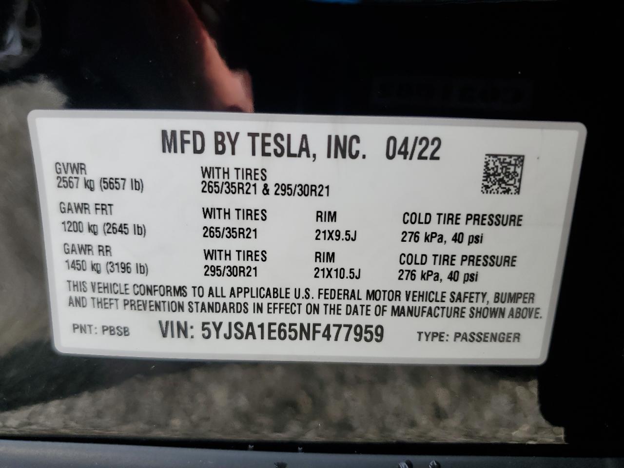 2022 TESLA MODEL S  VIN:5YJSA1E65NF477959