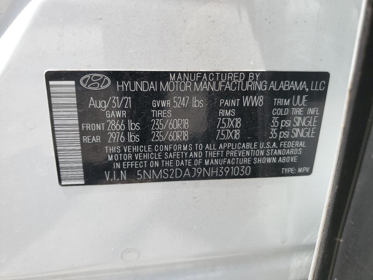 2022 HYUNDAI SANTA FE SEL VIN:5NMS2DAJ9NH391030