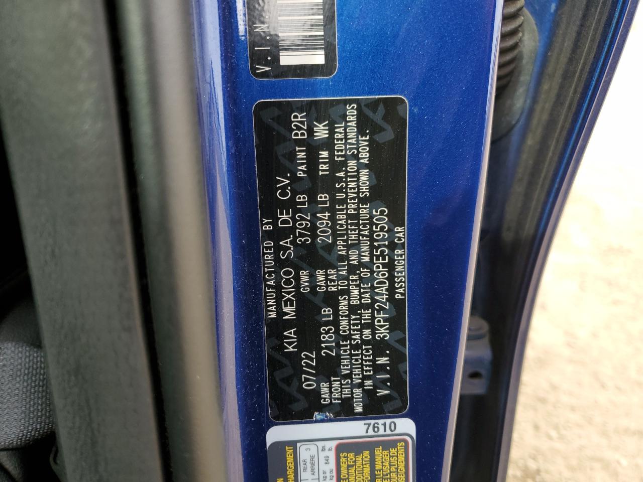 2023 KIA FORTE LX VIN:3KPF24AD6PE519505
