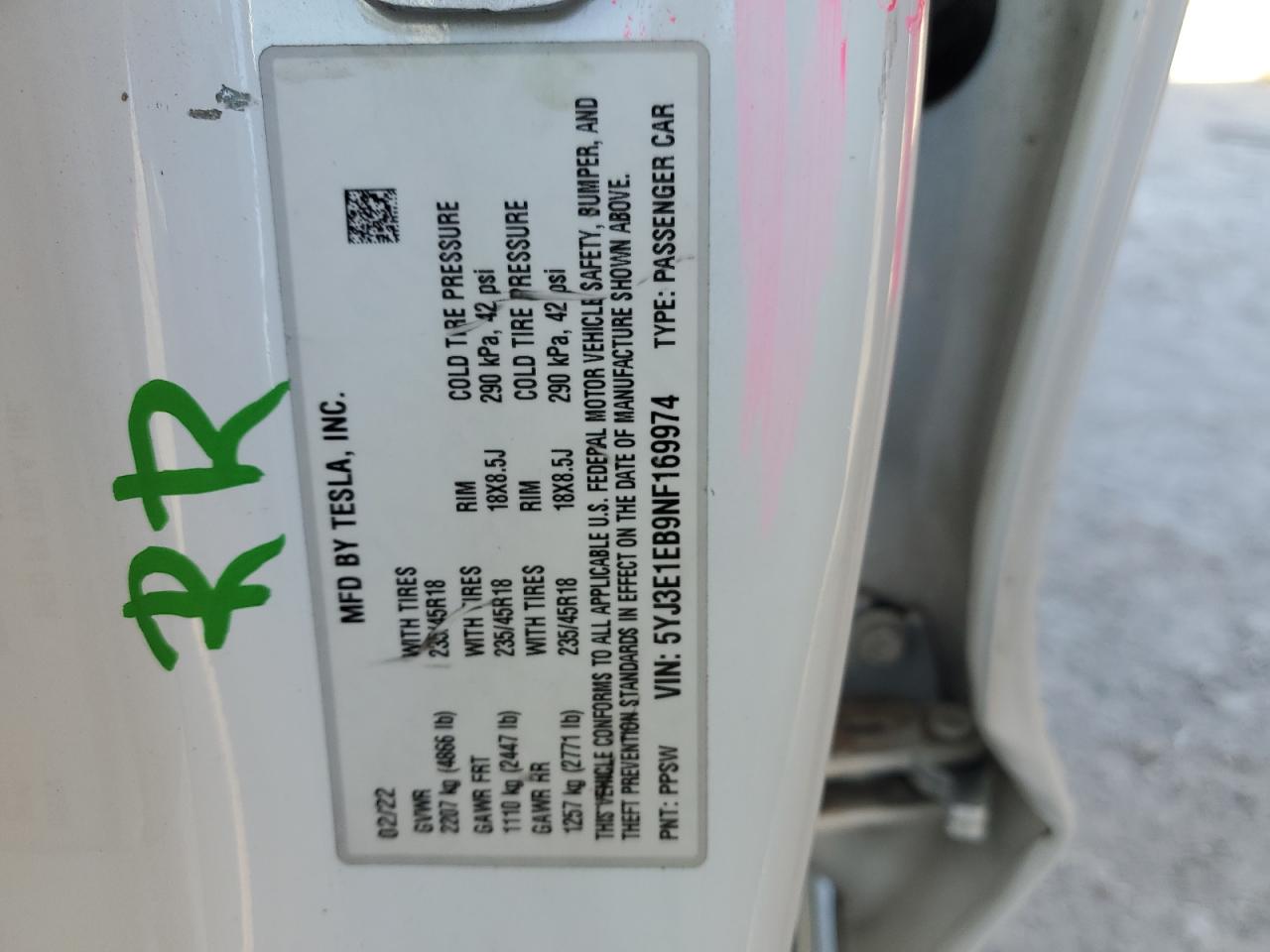 2022 TESLA MODEL 3  VIN:5YJ3E1EB9NF169974