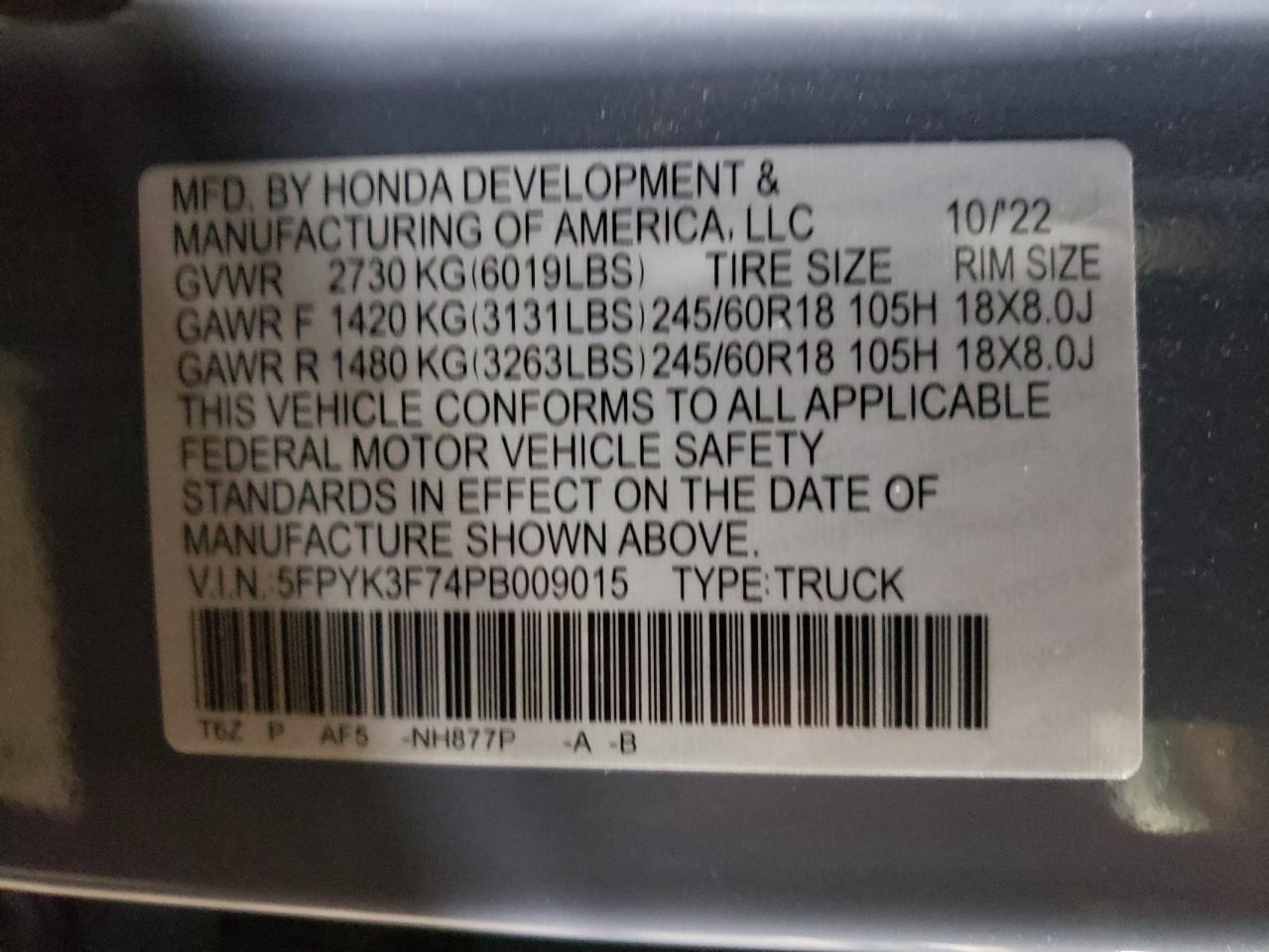 2023 HONDA RIDGELINE RTL-E VIN:5FPYK3F74PB009015