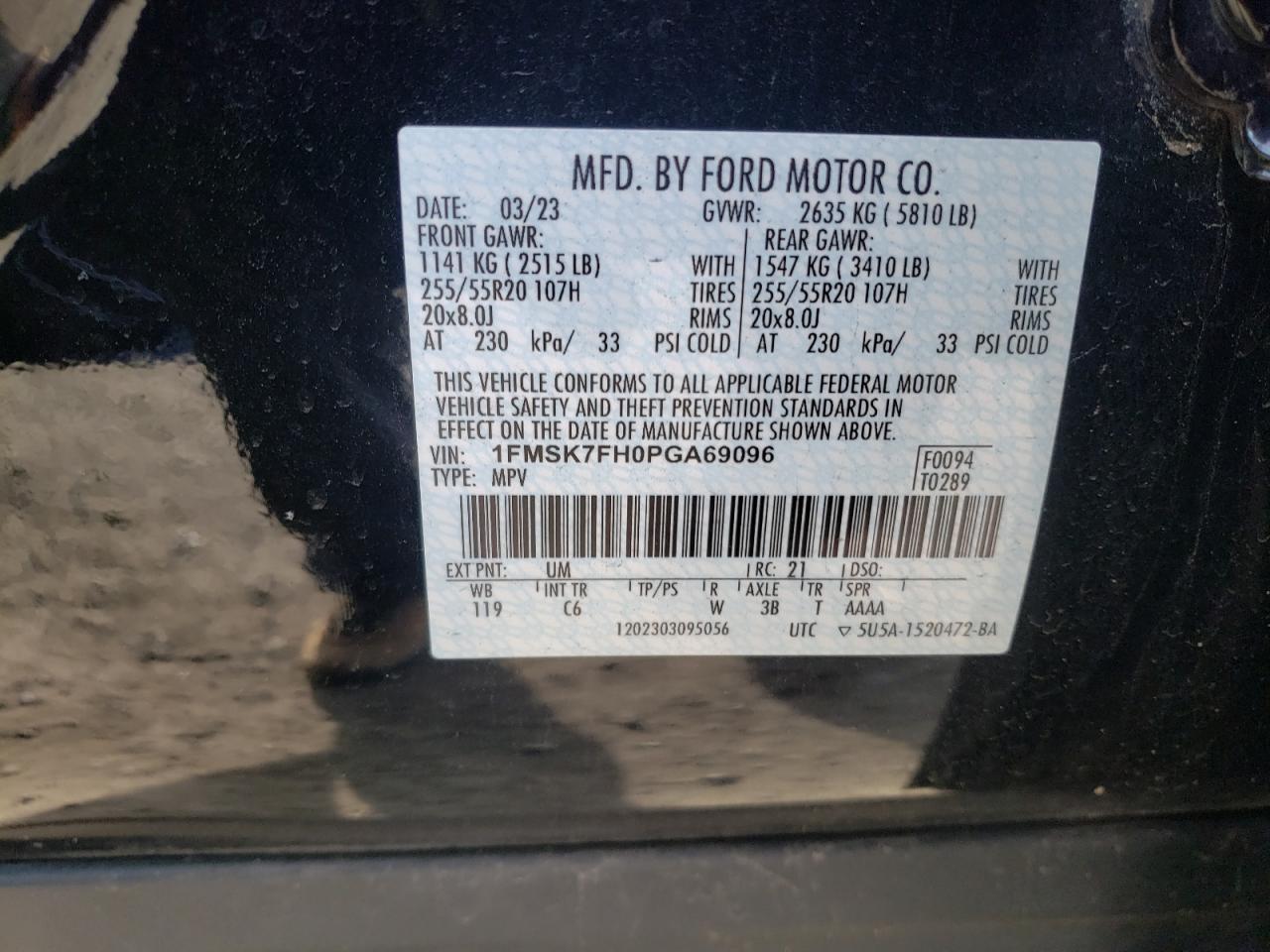 2023 FORD EXPLORER LIMITED VIN:1FMSK7FH0PGA69096