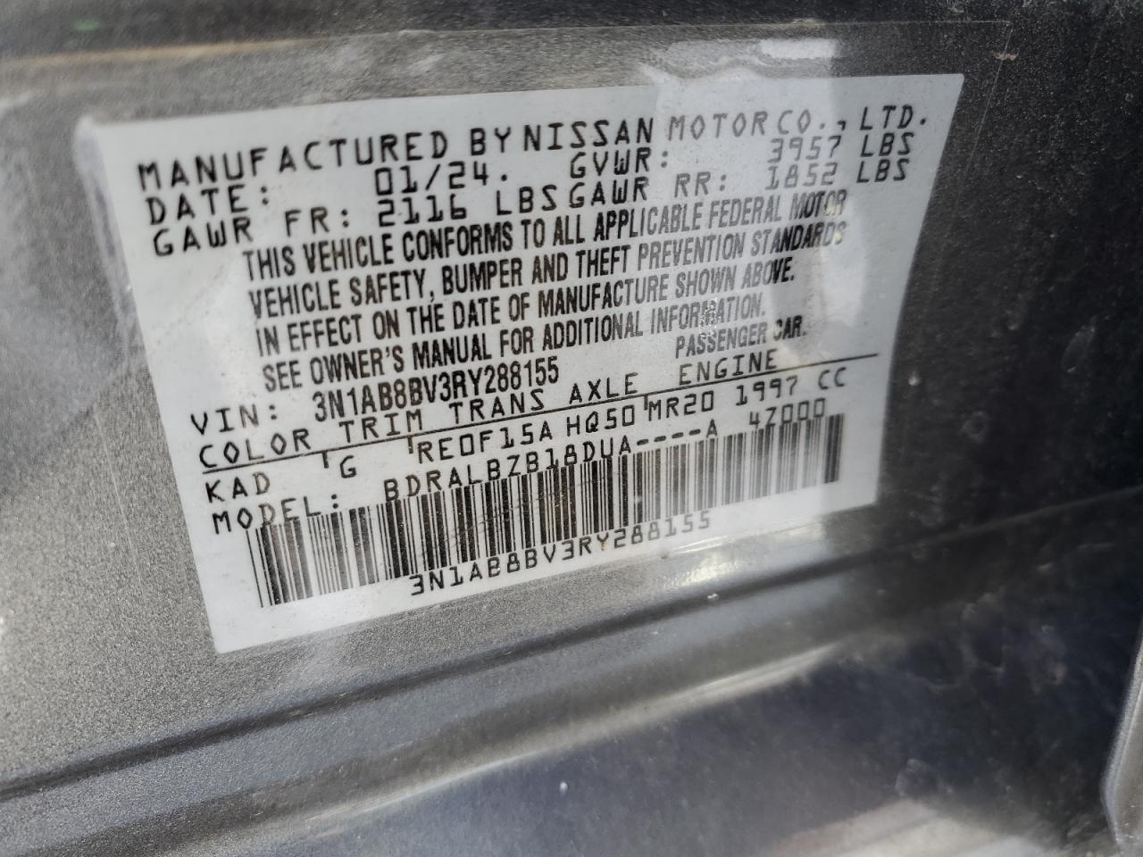 2024 NISSAN SENTRA S VIN:3N1AB8BV3RY288155