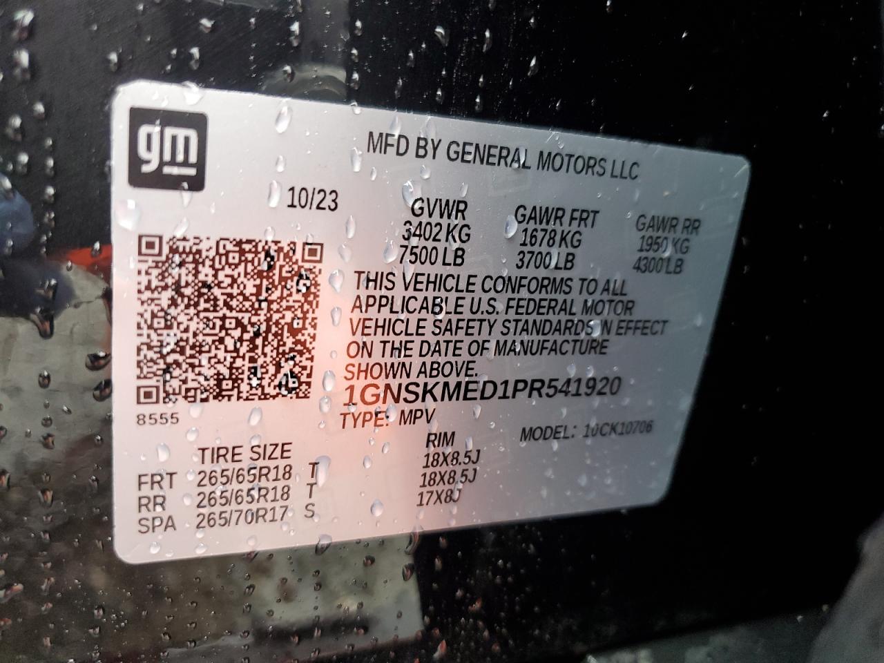 2023 CHEVROLET TAHOE K1500 LS VIN:1GNSKMED1PR541920