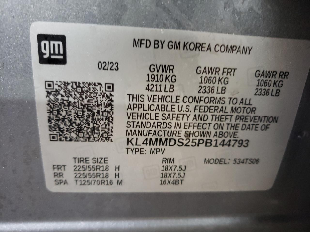2023 BUICK ENCORE GX SELECT VIN:KL4MMDS25PB144793