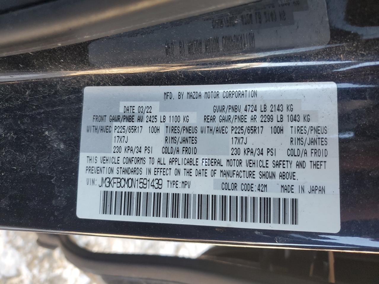 2022 MAZDA CX-5 PREFERRED VIN:JM3KFBCM0N1591439