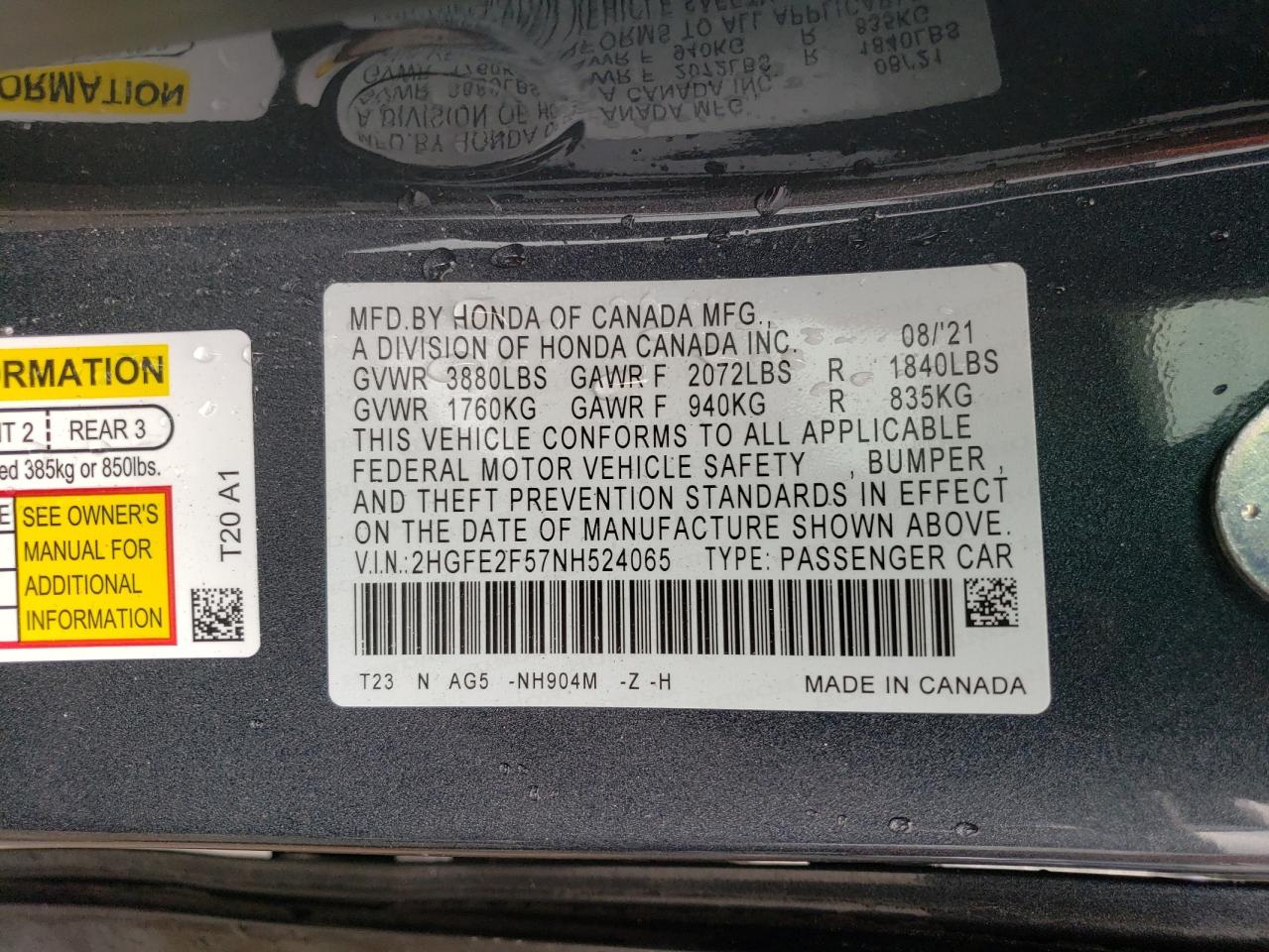 2022 HONDA CIVIC SPORT VIN:2HGFE2F57NH524065