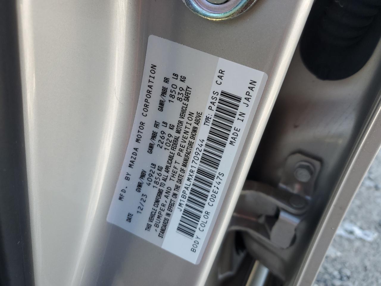 2024 MAZDA 3 PREFERRED VIN:JM1BPALMXR1709244